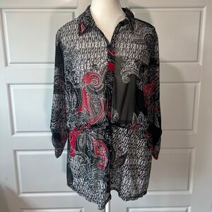 NWT Easywear by Chico's Sheer Luxury Scroll Janette‎ Jacket Black Red Paisley LG